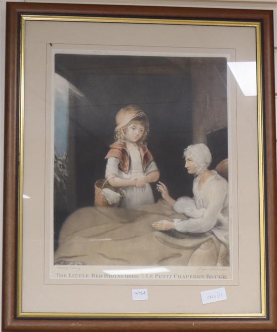 N.J. Stark, oil on canvas, Still life of fruit, signed, 27 x 37cm and Dunkerton after Barney, colour mezzotint, The Little Red Riding